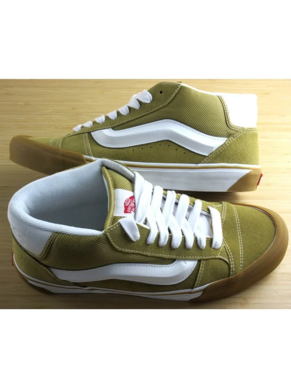 Vans Men's Knu Skool Mid Khaki Gum Bottom White Striped Skate Shoes size 11.5